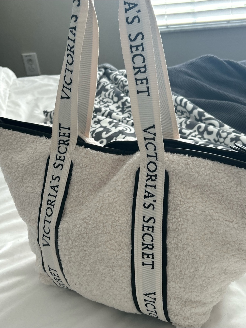 Victoria's Secret Cream Sherpa Tote with Branded Webbing Straps